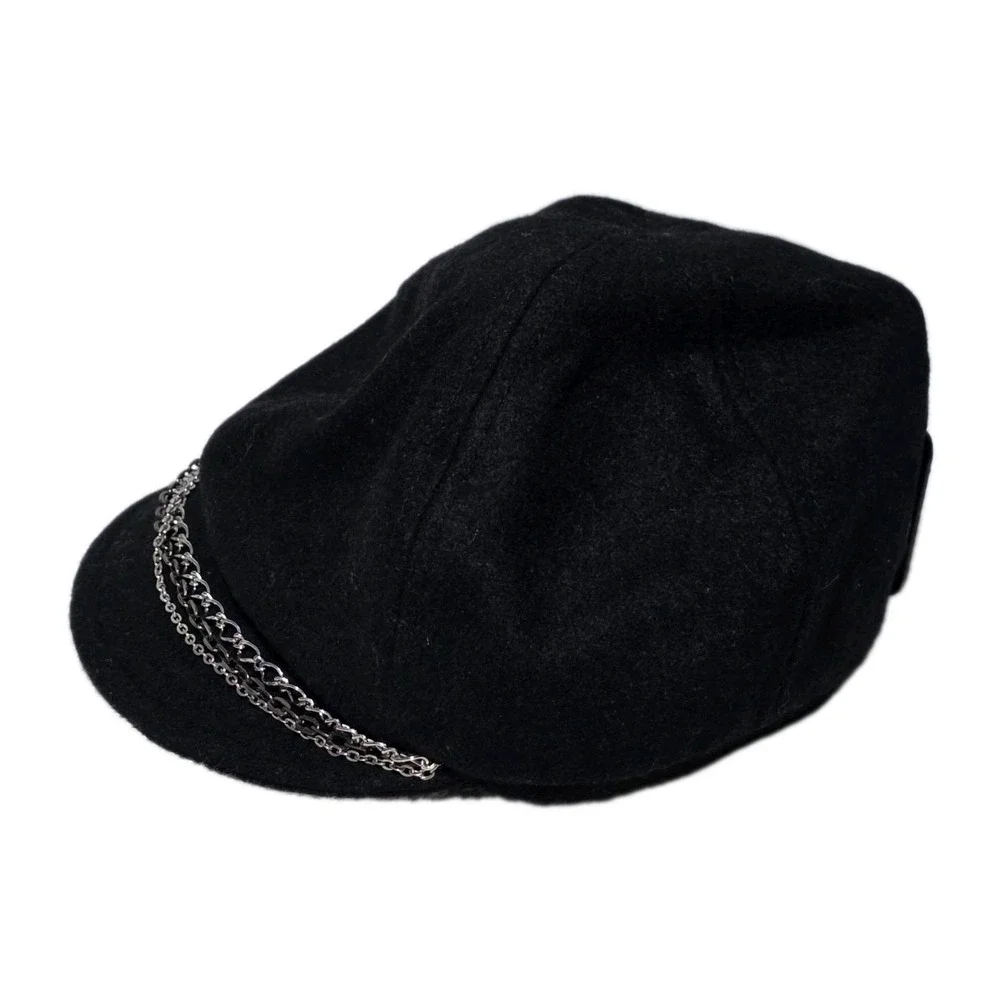NWT Harley Davidson Womens Bk. Wool Blend Newsboy Hat Satin Lining Silver‎ Chain